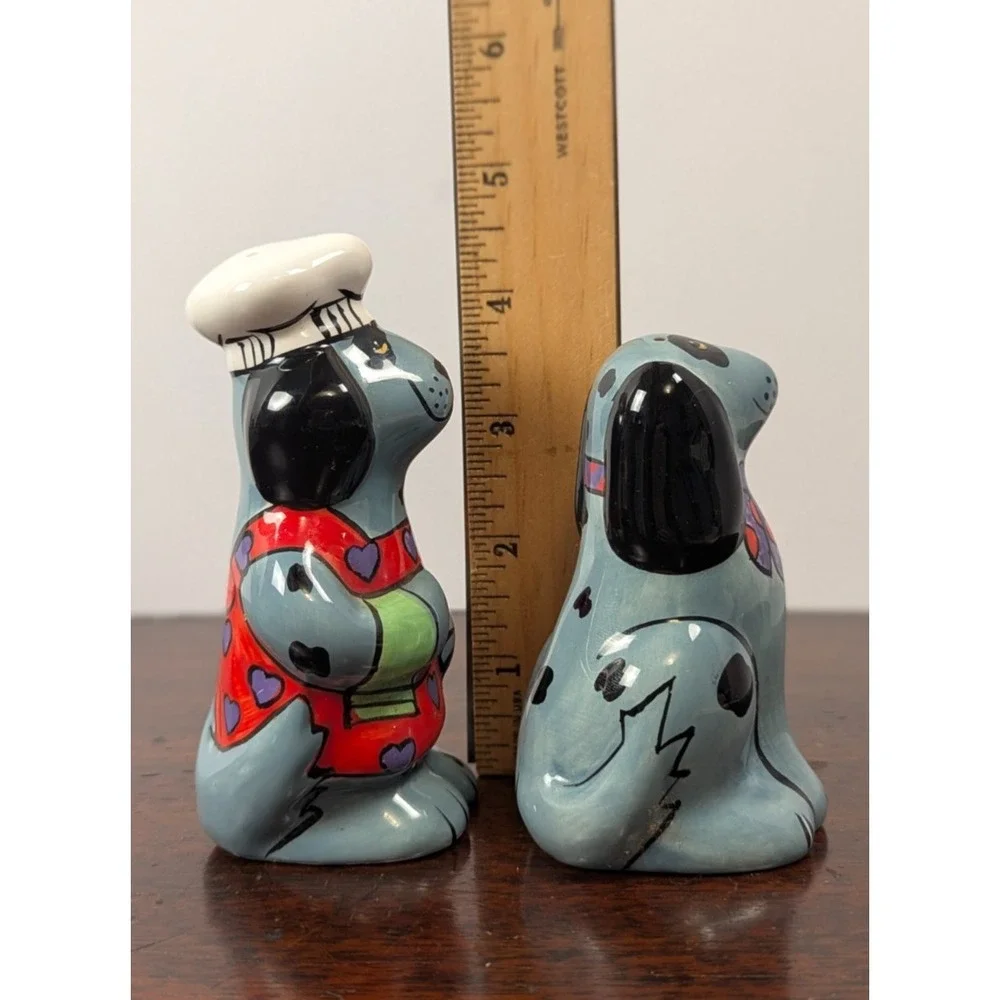 Dalmatian Chef Dog Salt and Pepper Shaker Set Blue Ceramic Novelty Kitchen Decor